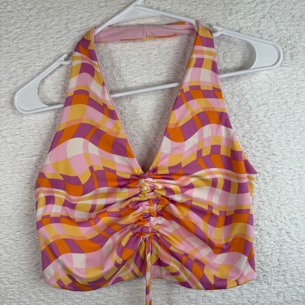 Cotton On womens Phoebe ruched 90's y2k front halter top size LG pink/orange